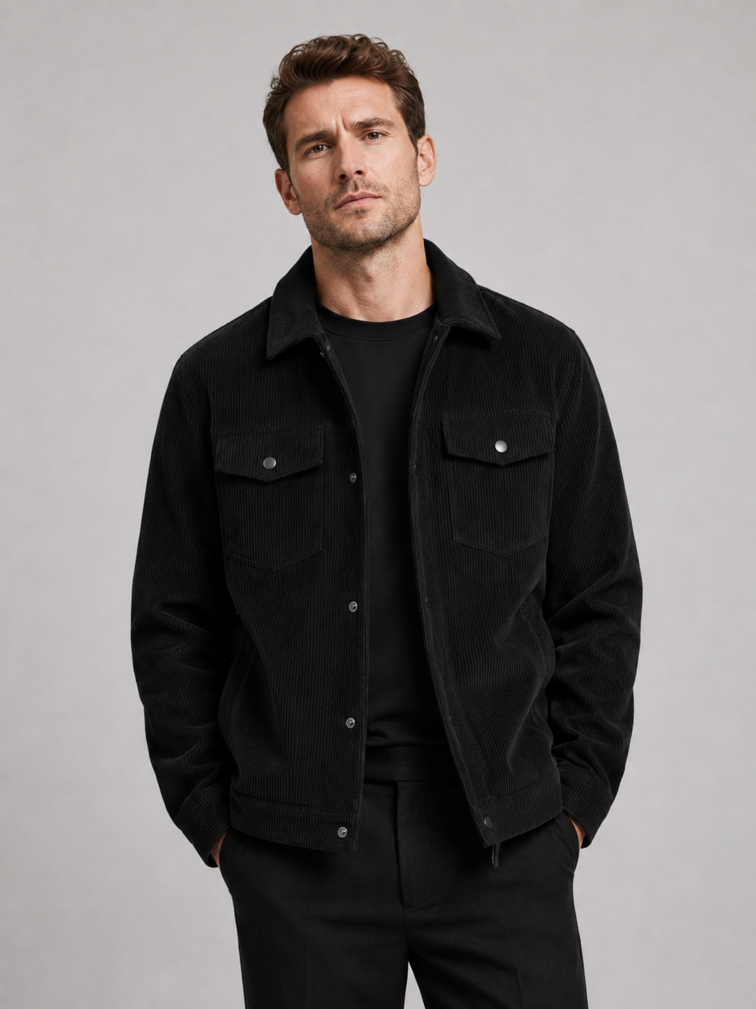Men wearing black corduroy jacket lapel loose fit fall casual streetwear style