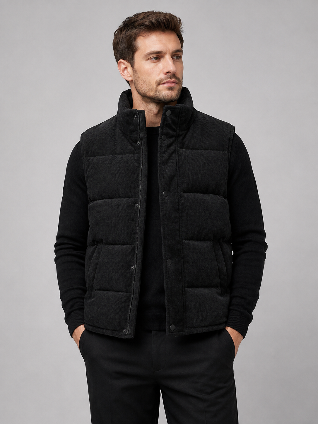 Front view of a man wearing a black corduroy puffer vest with a stand collar, padded construction, and full zip front