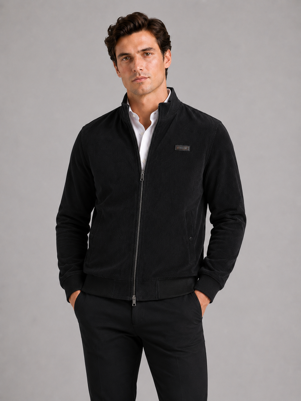 Men wearing black corduroy workwear fall jacket cotton padded lightweight casual outdoor style
