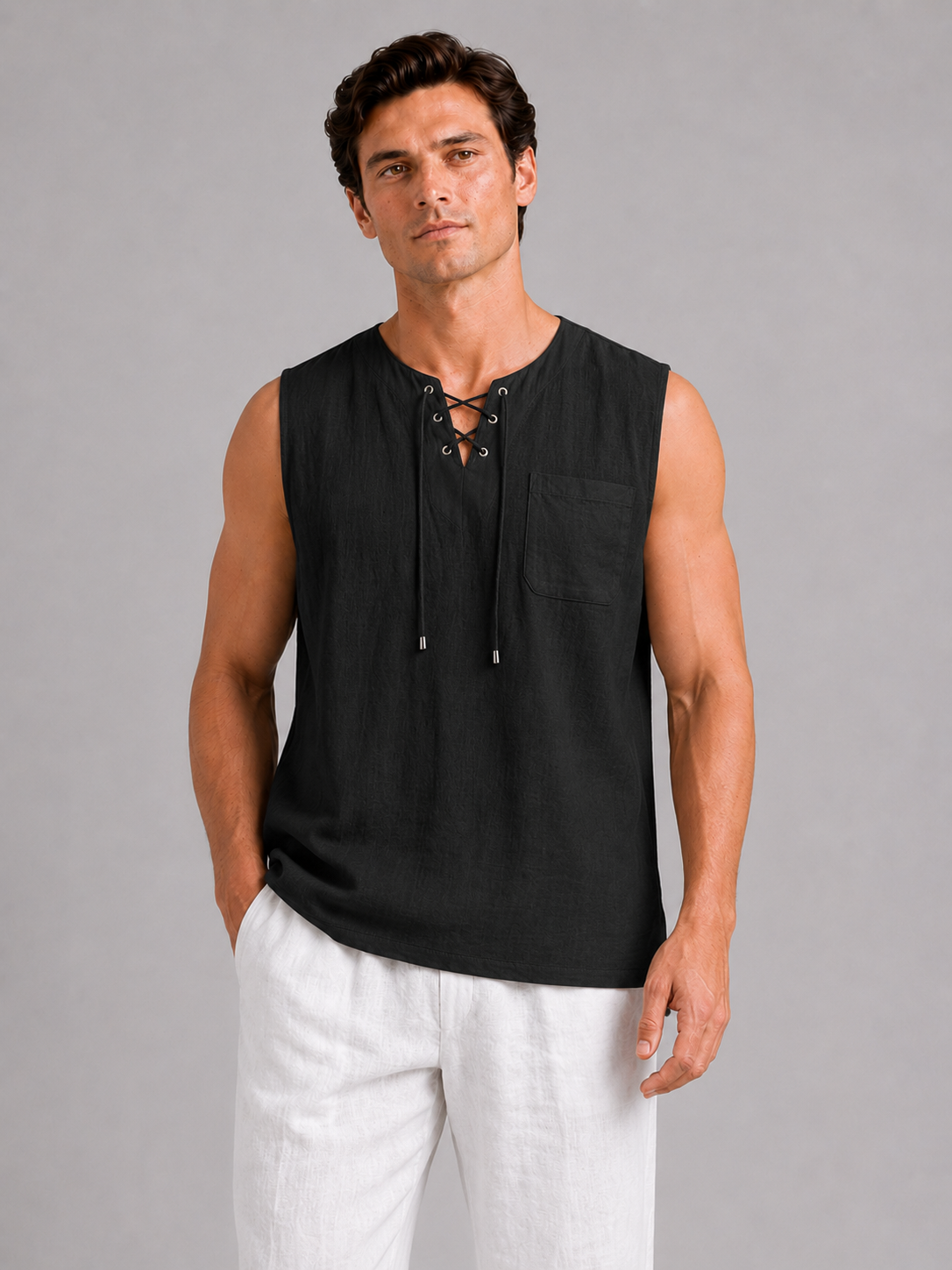 Men wearing black cotton linen tank top sleeveless lace up v neck summer beach style