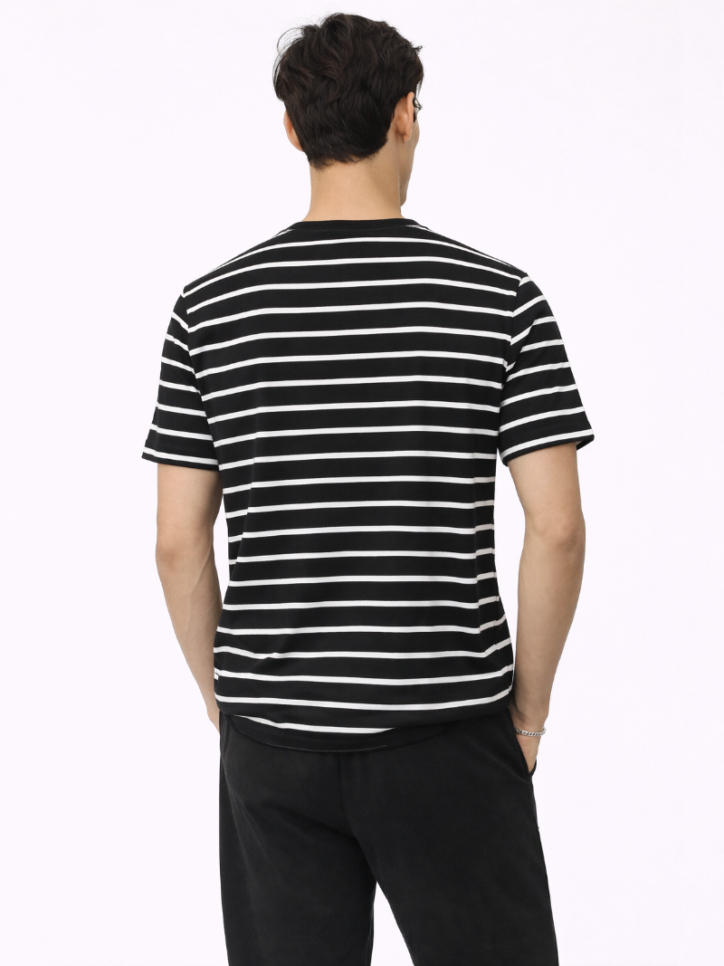 Black cotton t shirt with white stripes lightweight breathable casual tee minimal modern style