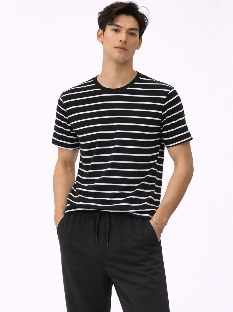 Men wearing black t shirt with white stripes soft cotton casual tee modern everyday outfit