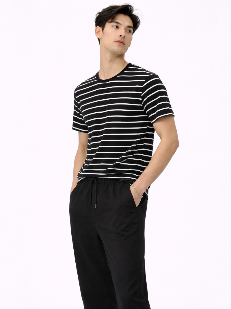 Black striped t shirt white stripe design soft breathable cotton casual modern fit outfit