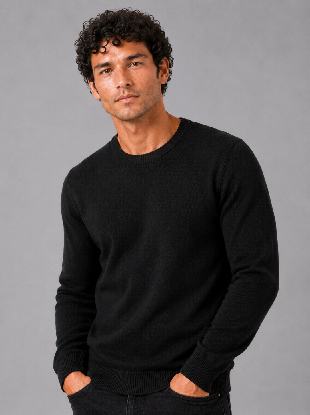 Men wearing black crew neck knit sweater long sleeve soft lightweight fall business casual style