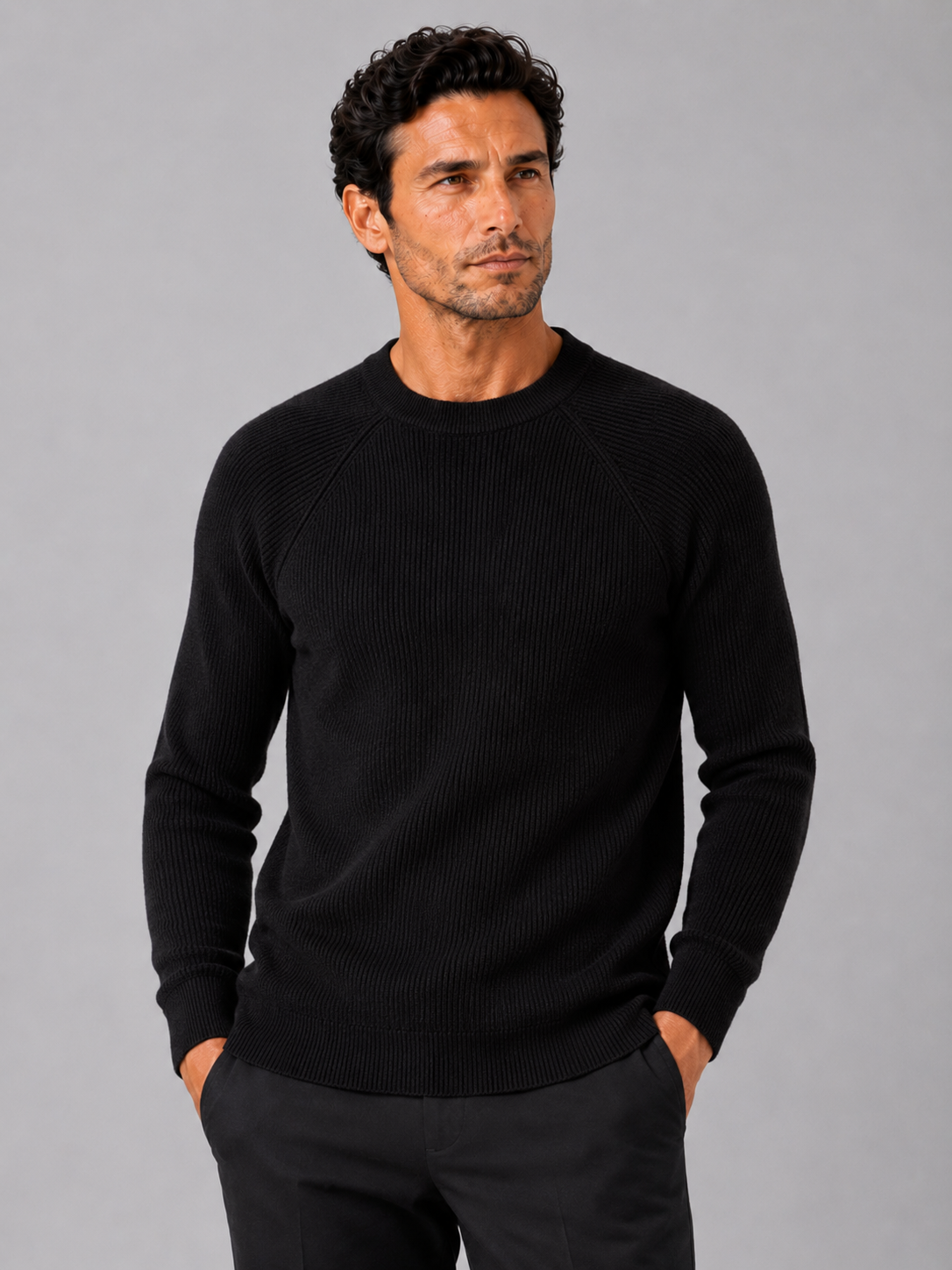 Men wearing black crew neck sweater slim fit thick long sleeve fall winter business casual style
