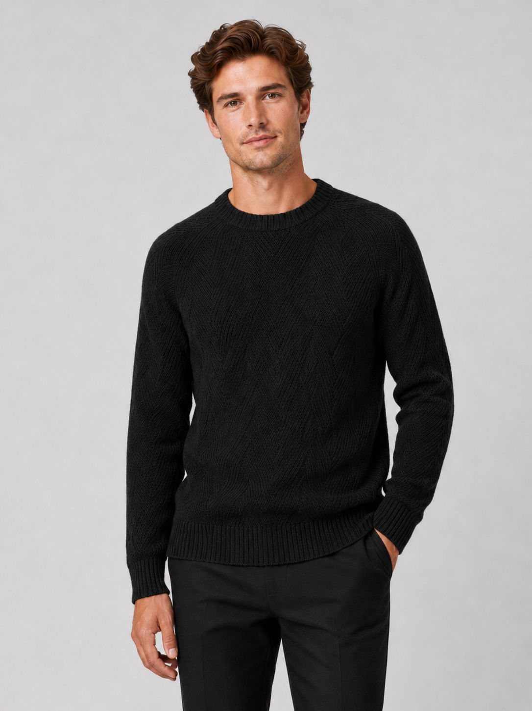 Men wearing black crewneck sweater knit fall pullover casual everyday style