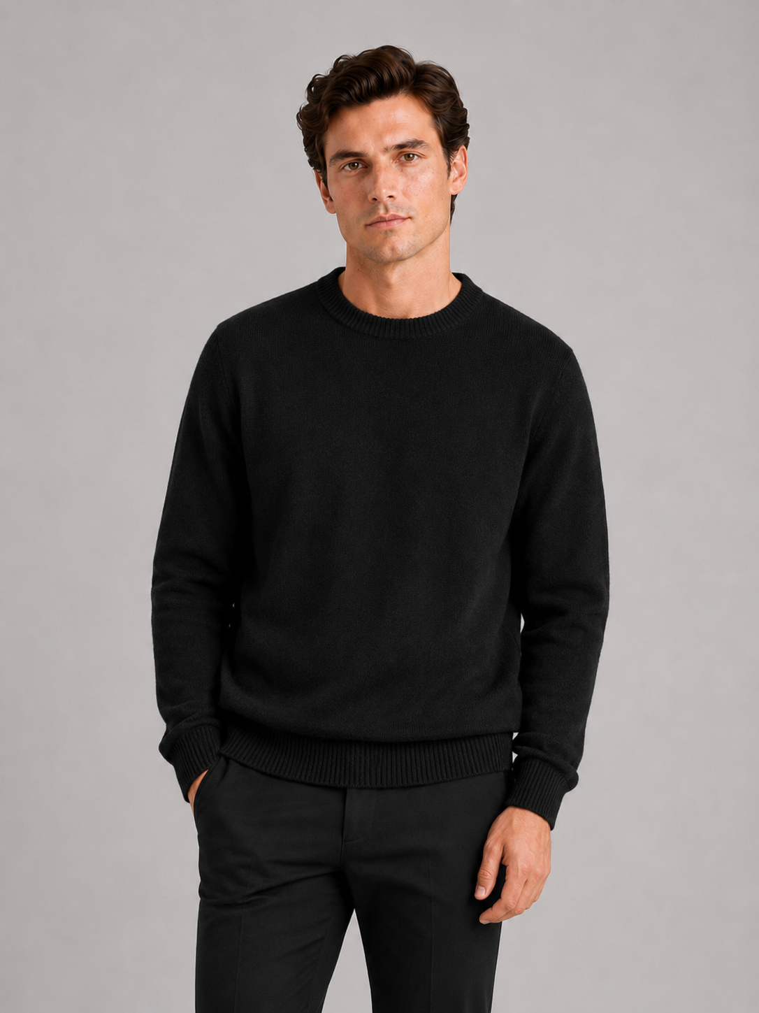 Men wearing black crewneck sweater loose fit knit pullover fall winter casual style