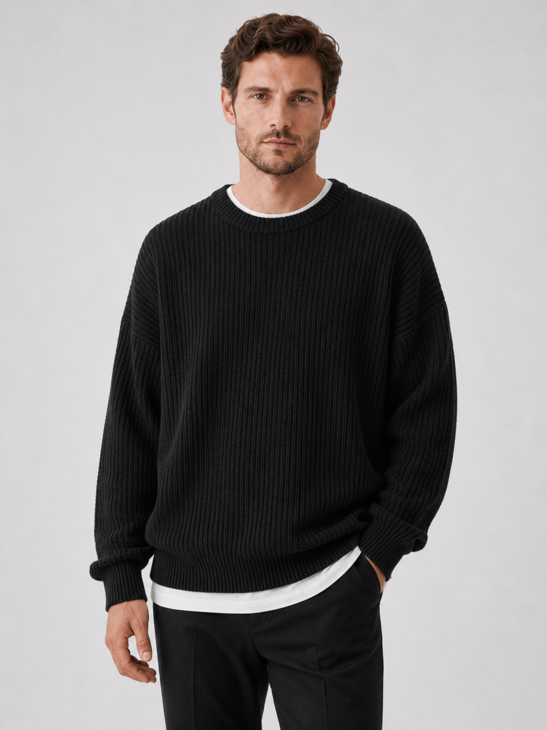 Men wearing black crewneck sweater loose fit solid color fall business casual style
