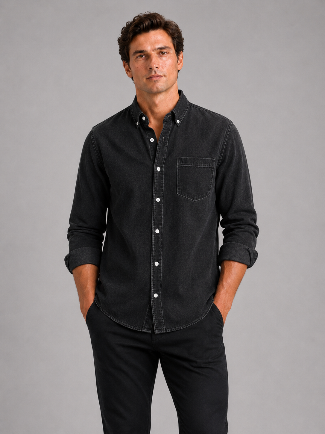 Men wearing black denim shirt long sleeve button down casual spring fall style