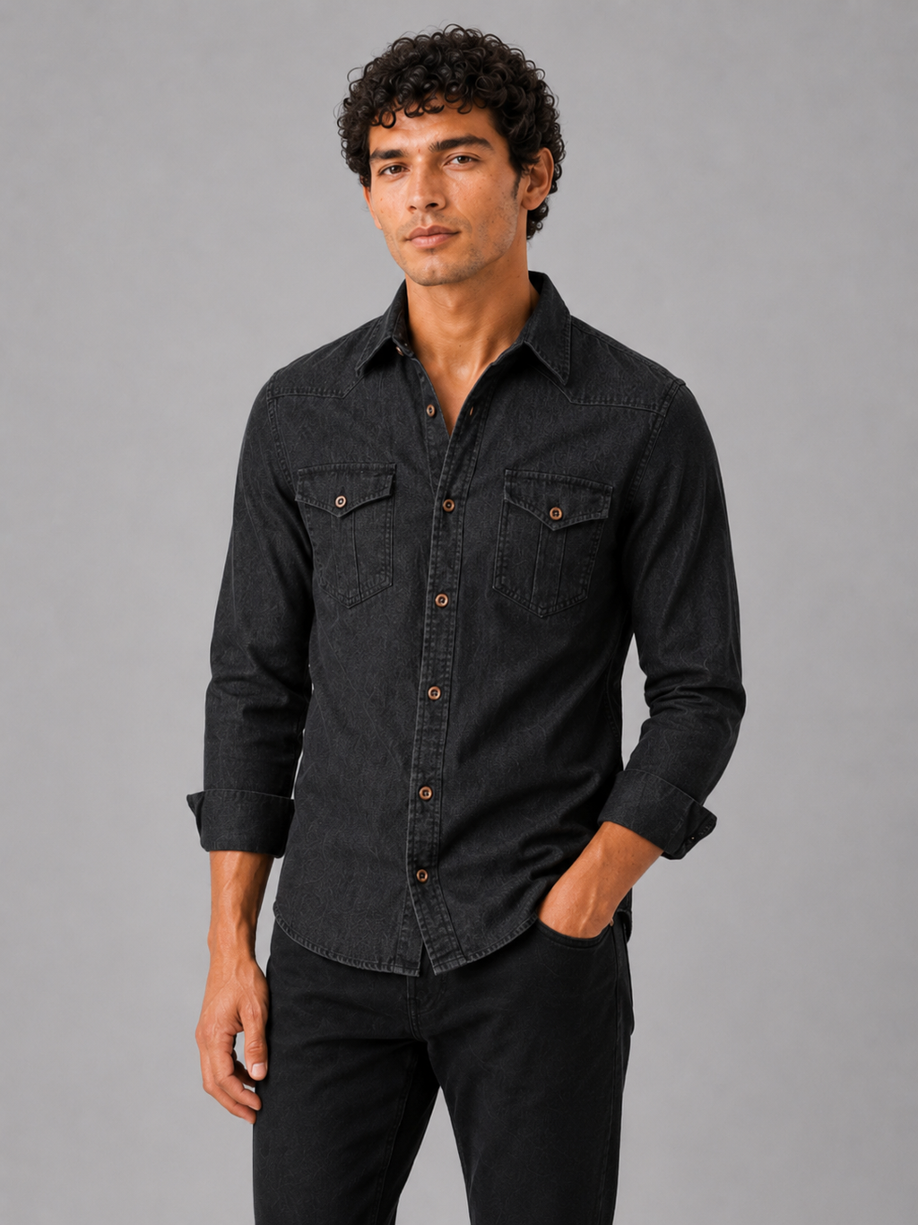 Men wearing black denim shirt long sleeve slim fit washed cotton casual western style