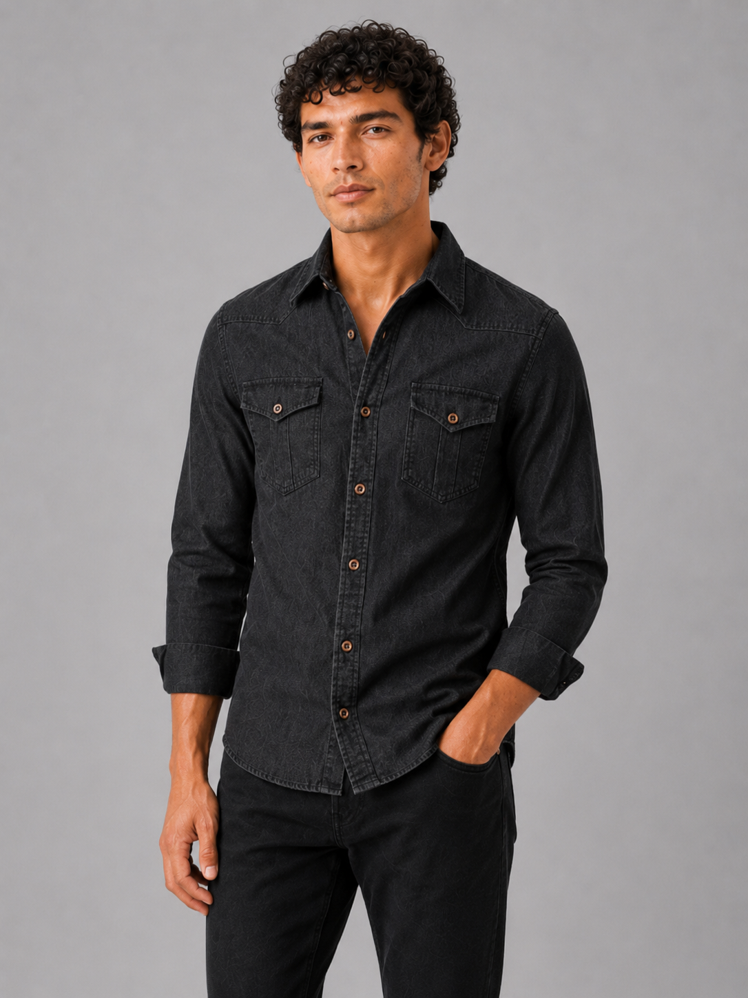 Men wearing black denim shirt long sleeve slim fit washed cotton casual western style
