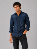 Men wearing navy denim shirt long sleeve slim fit washed cotton casual western style