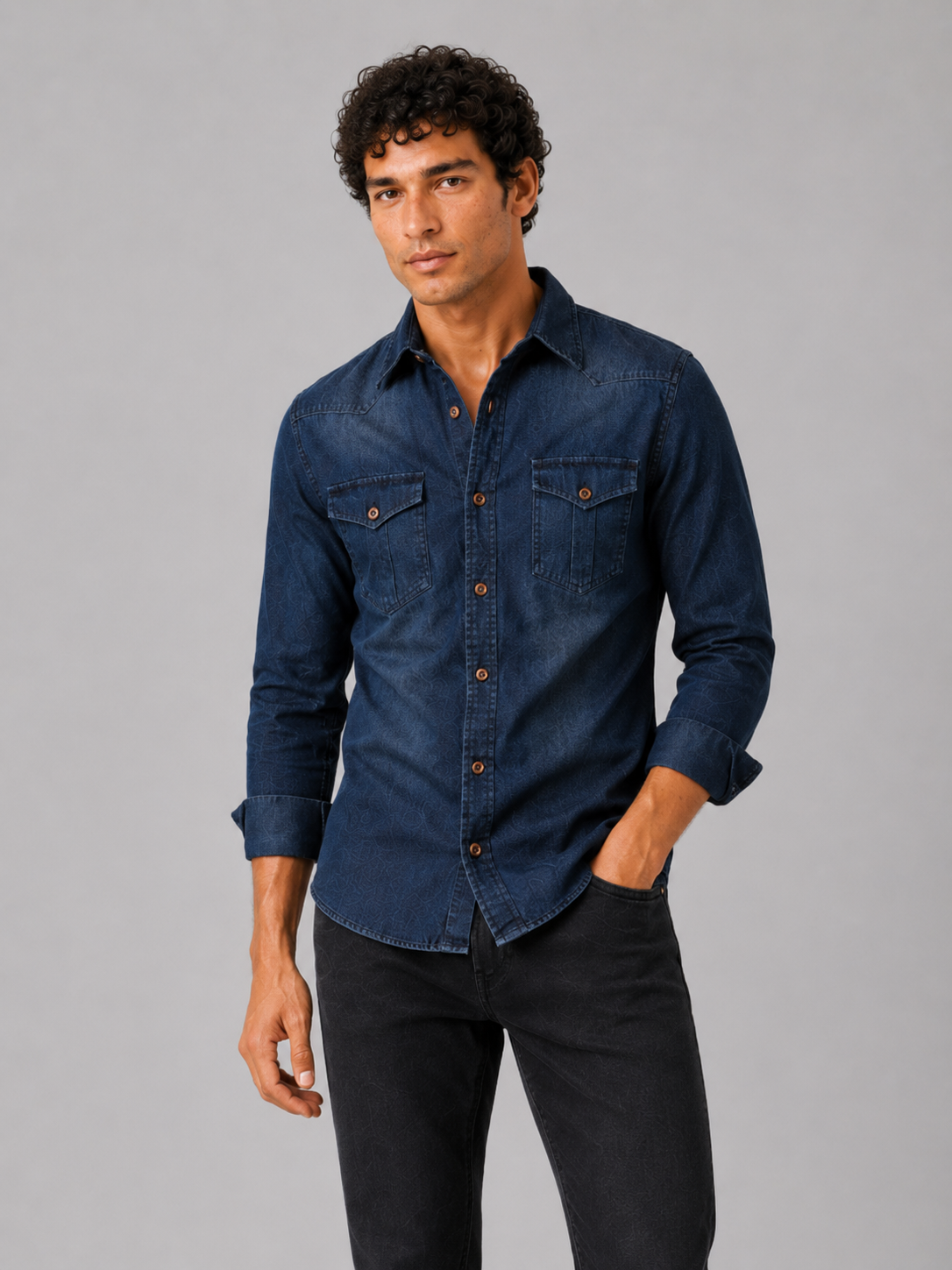 Men wearing navy denim shirt long sleeve slim fit washed cotton casual western style
