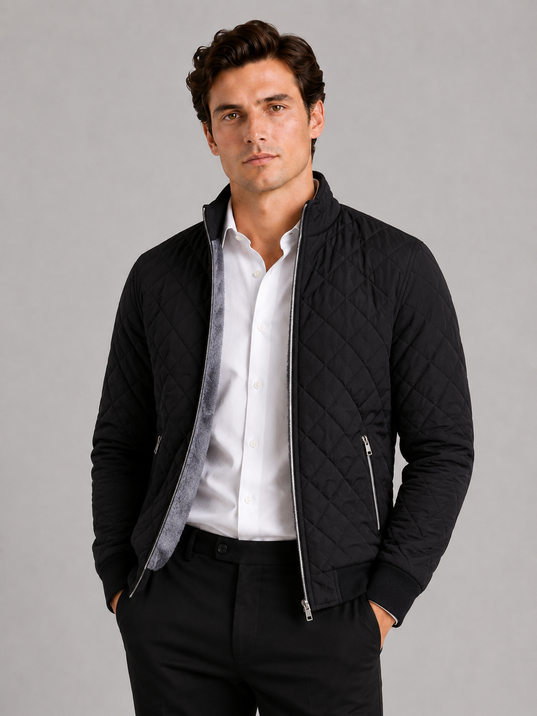 Men wearing black bomber fall jacket diamond pattern fleece lined slim fit winter casual style