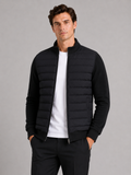 Men wearing black down fall jacket stand collar slim fit zip up warm business casual style