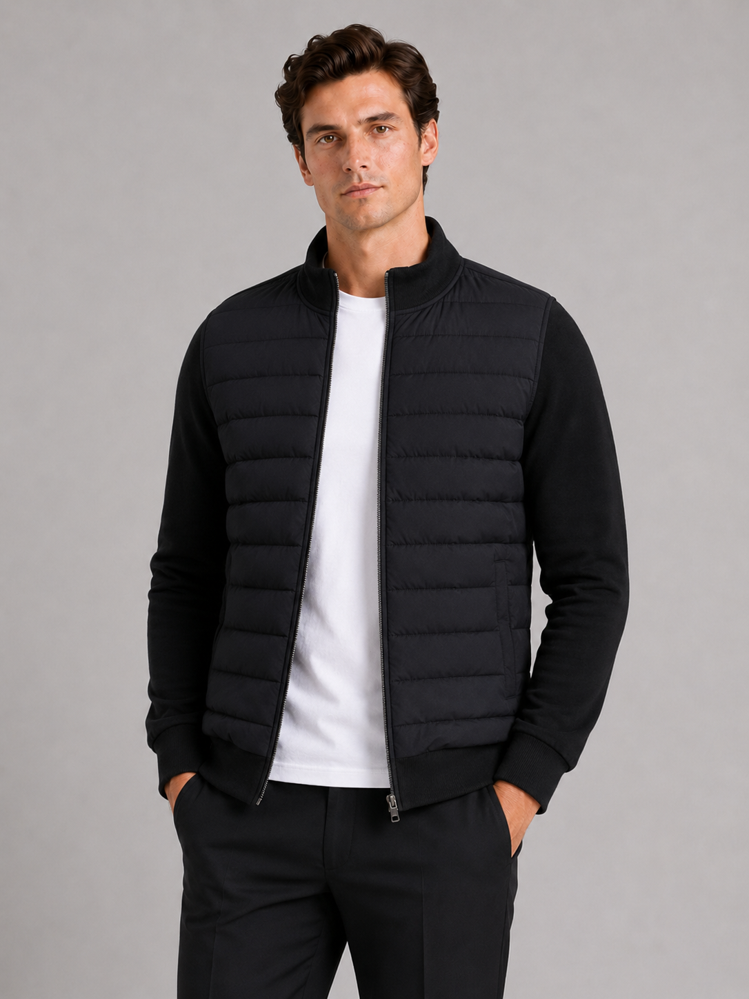 Men wearing black down fall jacket stand collar slim fit zip up warm business casual style