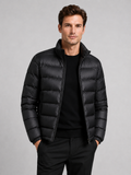 Men wearing black down jacket stand collar lightweight windproof waterproof fall winter casual style