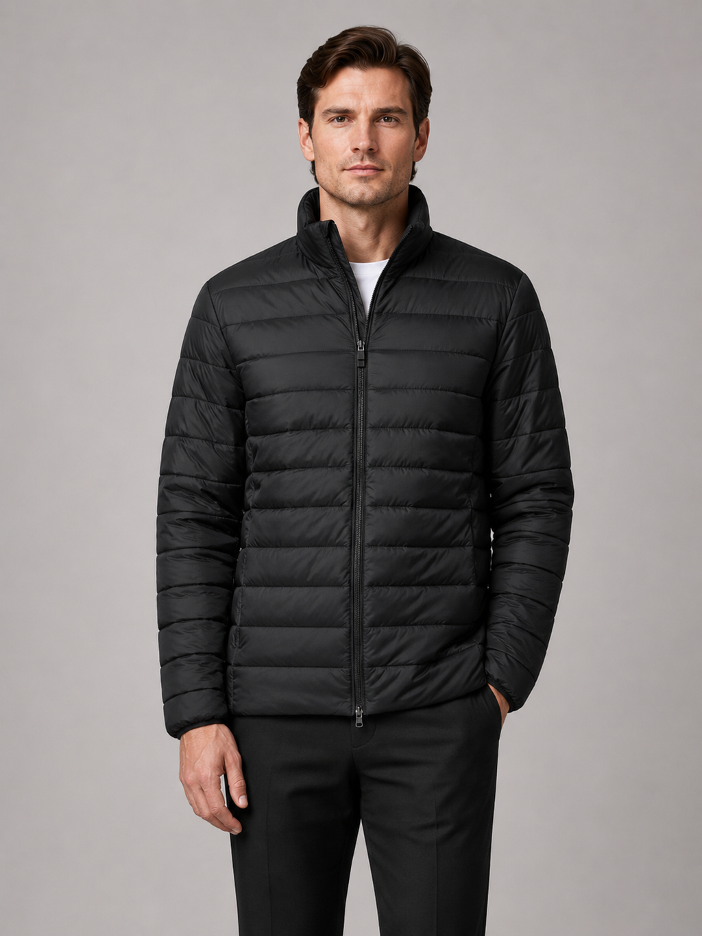 Men wearing black down puffer jacket stand collar windproof waterproof winter outdoor style