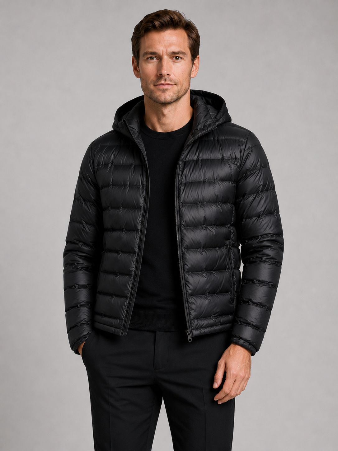 Men wearing black down puffer jacket lightweight windproof waterproof hooded fall winter outdoor style