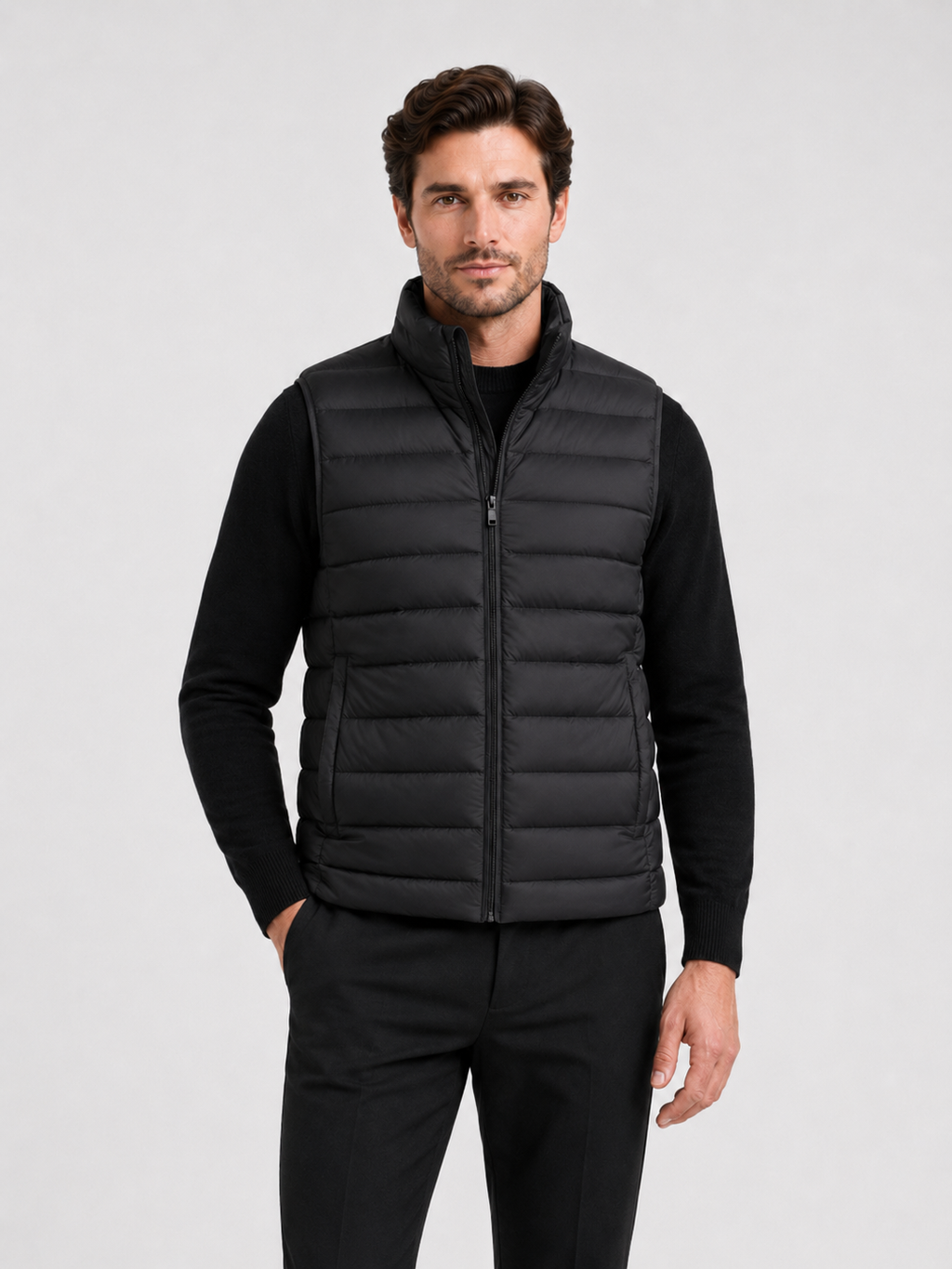 Men wearing black down vest thick warm zip up windproof waterproof winter outdoor style
