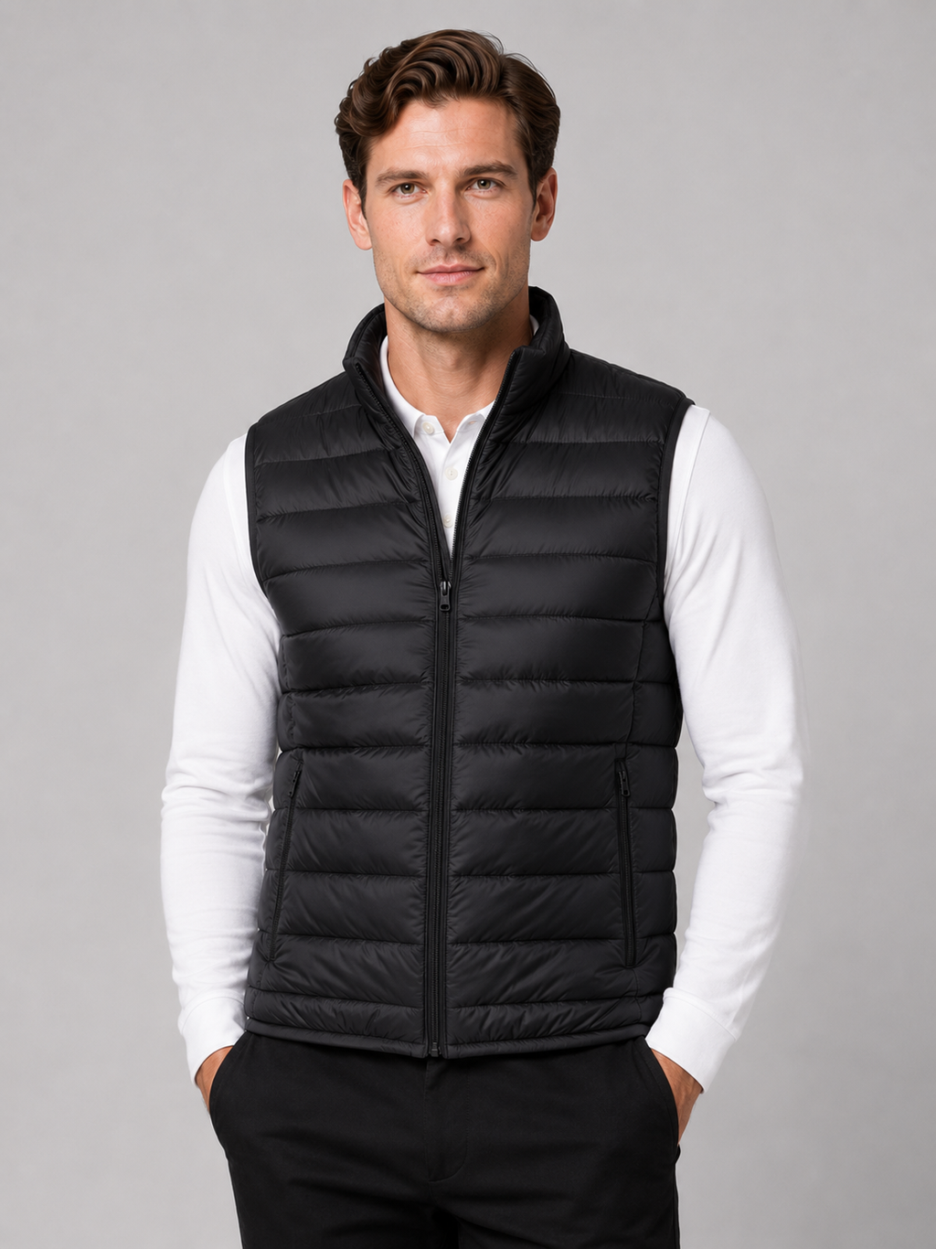 Men wearing black ultralight down vest sleeveless lightweight warm winter travel style