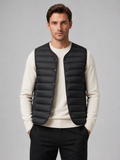 Men wearing black down vest windproof waterproof lightweight warm button front winter outdoor style