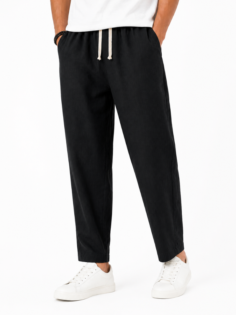 Men wearing black drawstring pants breathable loose fit lightweight summer casual style