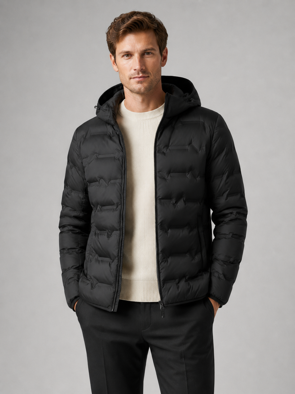 Men wearing black duck down hooded puffer jacket lightweight warm winter travel style