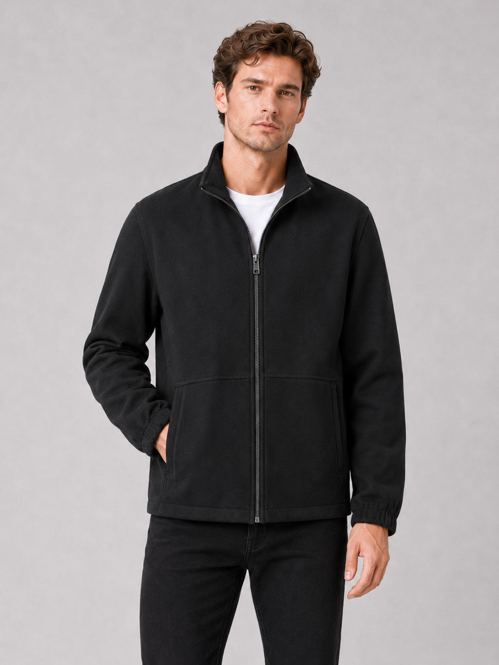 Men wearing black fall jacket stand collar zip up loose fit casual workwear style
