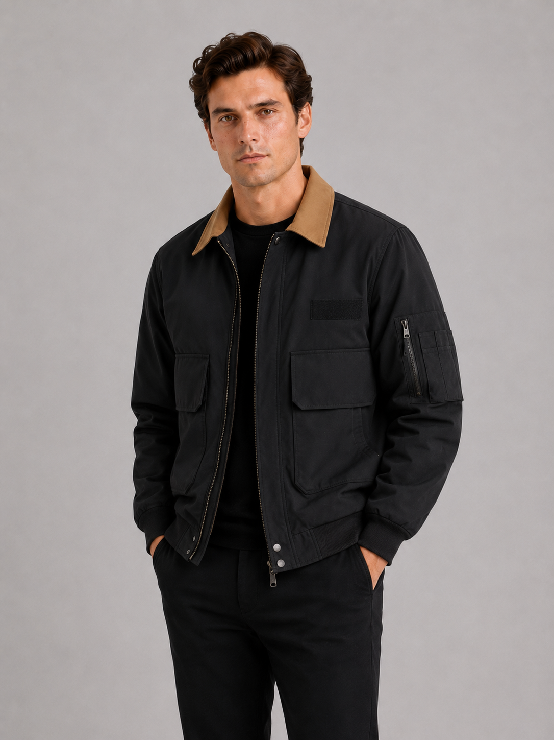 Men wearing black military fall jacket 100 percent cotton multi pocket outdoor work style