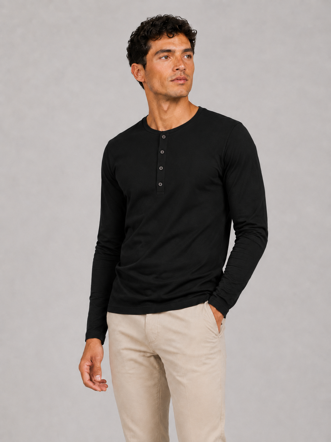 Men wearing black fitted henley shirt long sleeve casual spring basic style