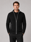 Men wearing black fleece cardigan sweater full zip warm fall winter casual style