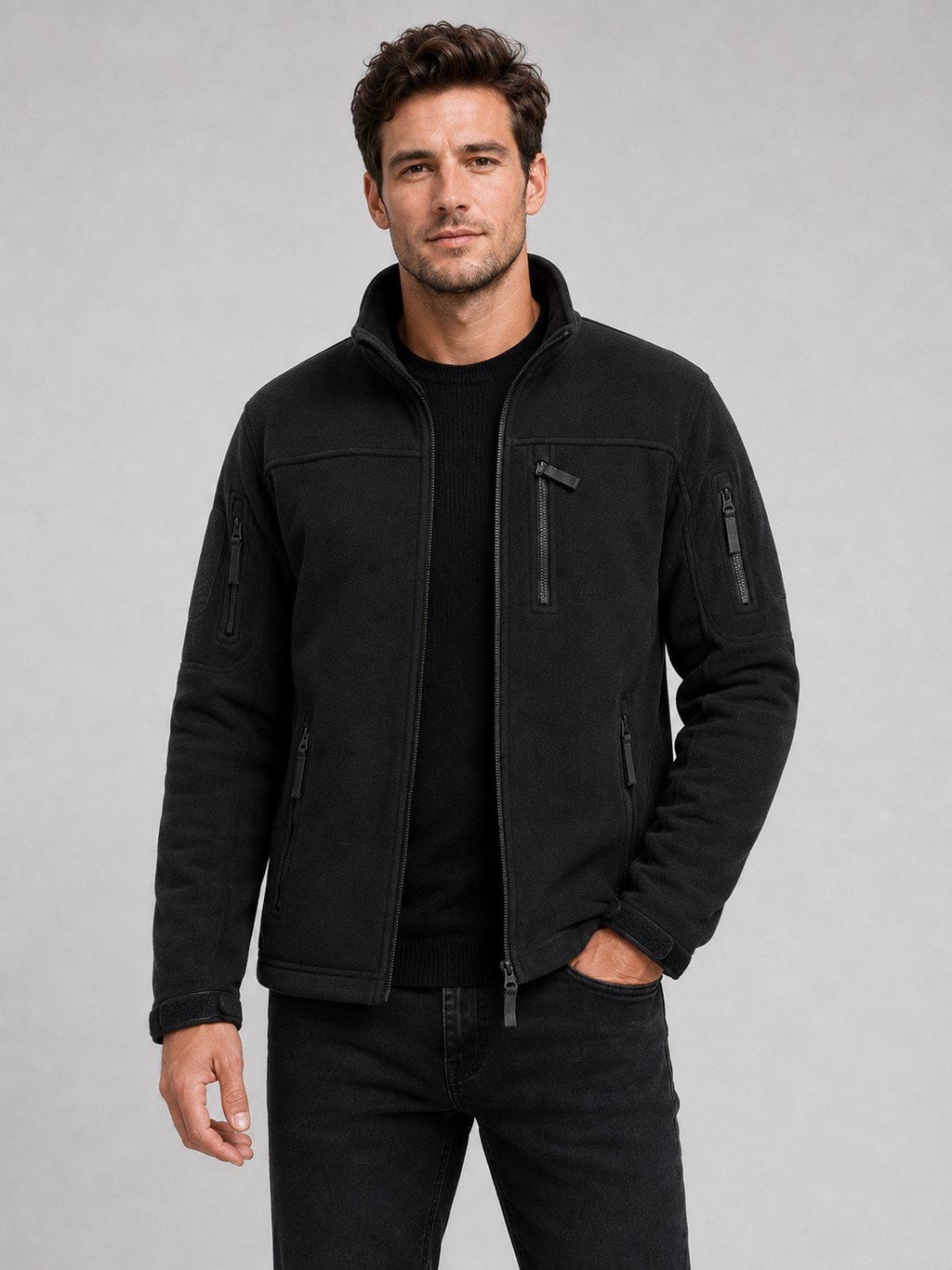 Front view of a man wearing a black windproof fleece jacket with a full zip front, warm construction, and zipper pockets
