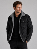 Men wearing black fleece lined denim jacket thick warm fall winter outdoor casual style