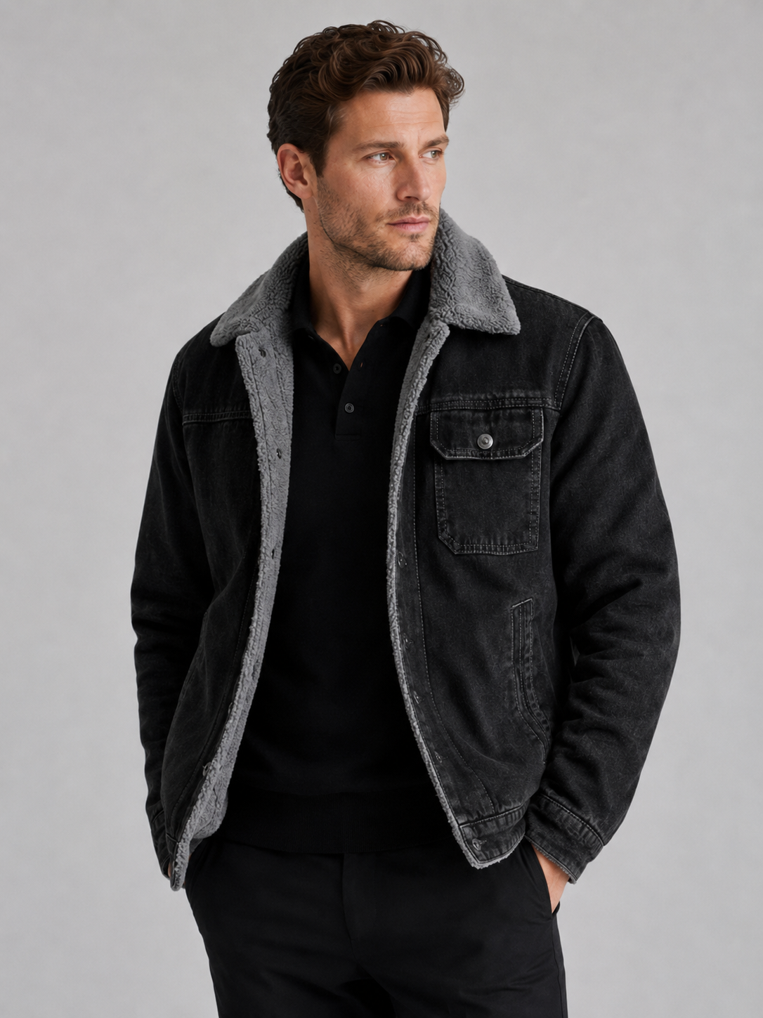 Men wearing black fleece lined denim jacket thick warm fall winter outdoor casual style