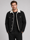 Men wearing black fleece lined denim jacket turn down collar thick warm fall winter casual style