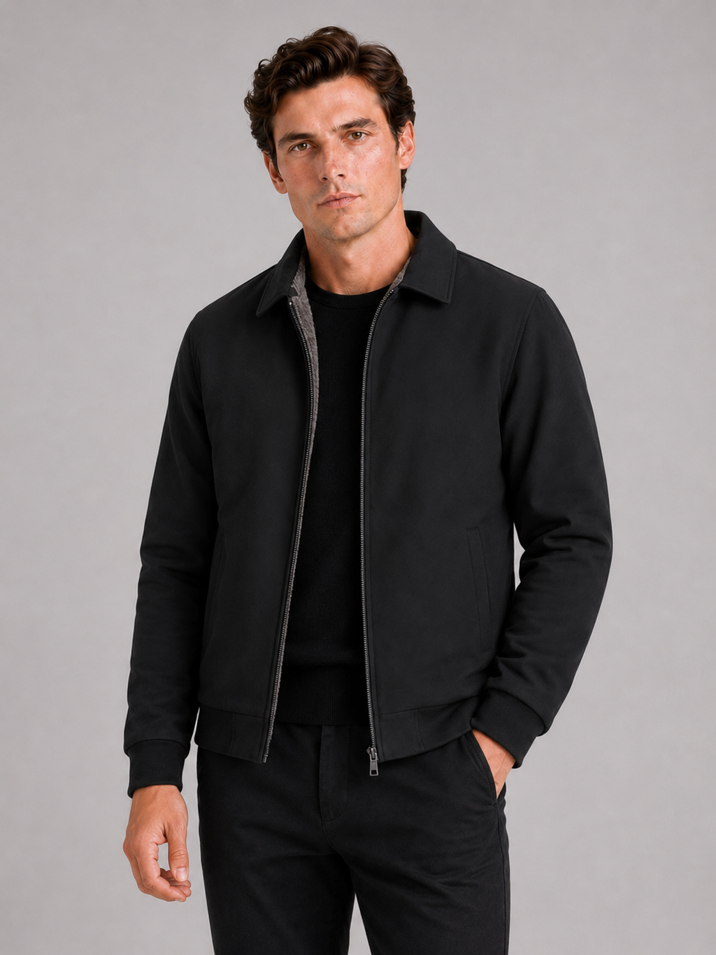 Men wearing black fleece lined fall jacket turn down collar thick warm winter business casual style