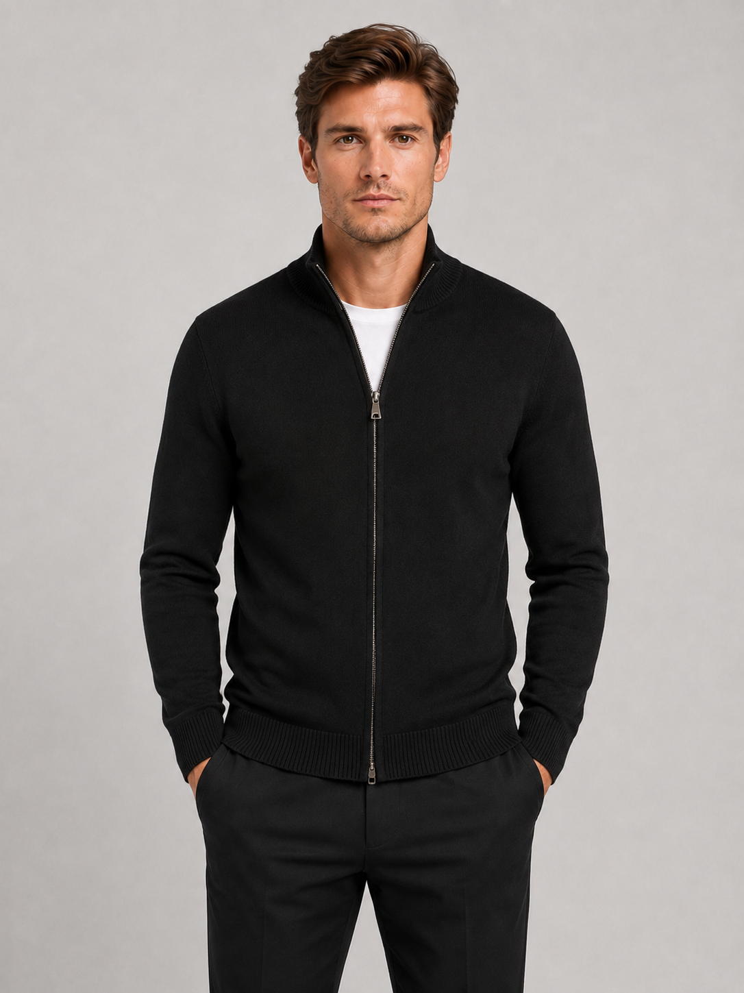 Front view of a man wearing a black full zip knit sweater with a stand collar, slim fit, long sleeves, and warm fall winter design