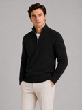 Men wearing black half zip sweater long sleeve solid color knit pullover for fall everyday style