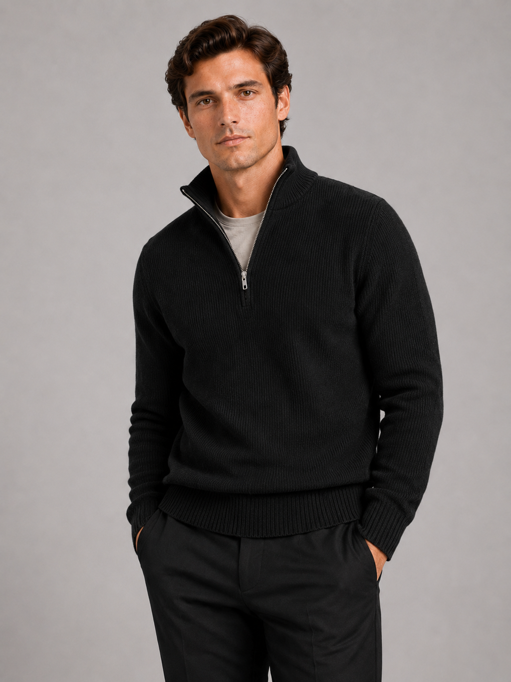 Men wearing black half zip sweater thick knit pullover warm winter business casual style