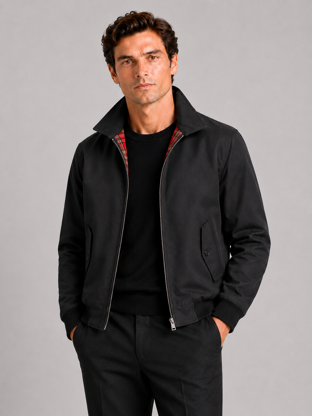 Men wearing black Harrington fall jacket breathable zip up casual everyday style