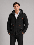 Men wearing black hooded cotton jacket fleece lined thick warm fall winter casual style