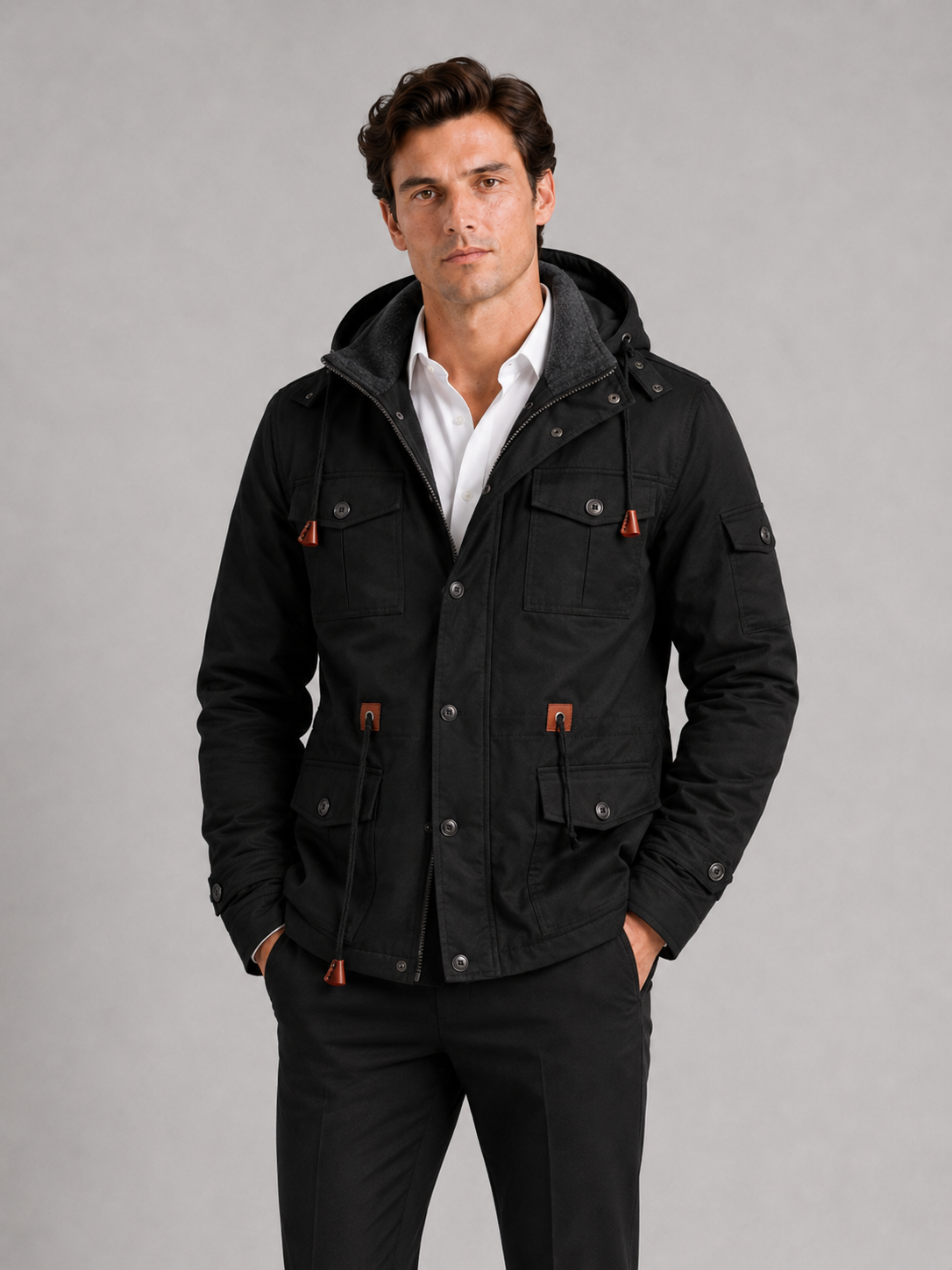 Men wearing black hooded cotton jacket fleece lined thick warm fall winter casual style