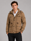 Men wearing khaki hooded cotton jacket fleece lined thick warm fall winter casual style