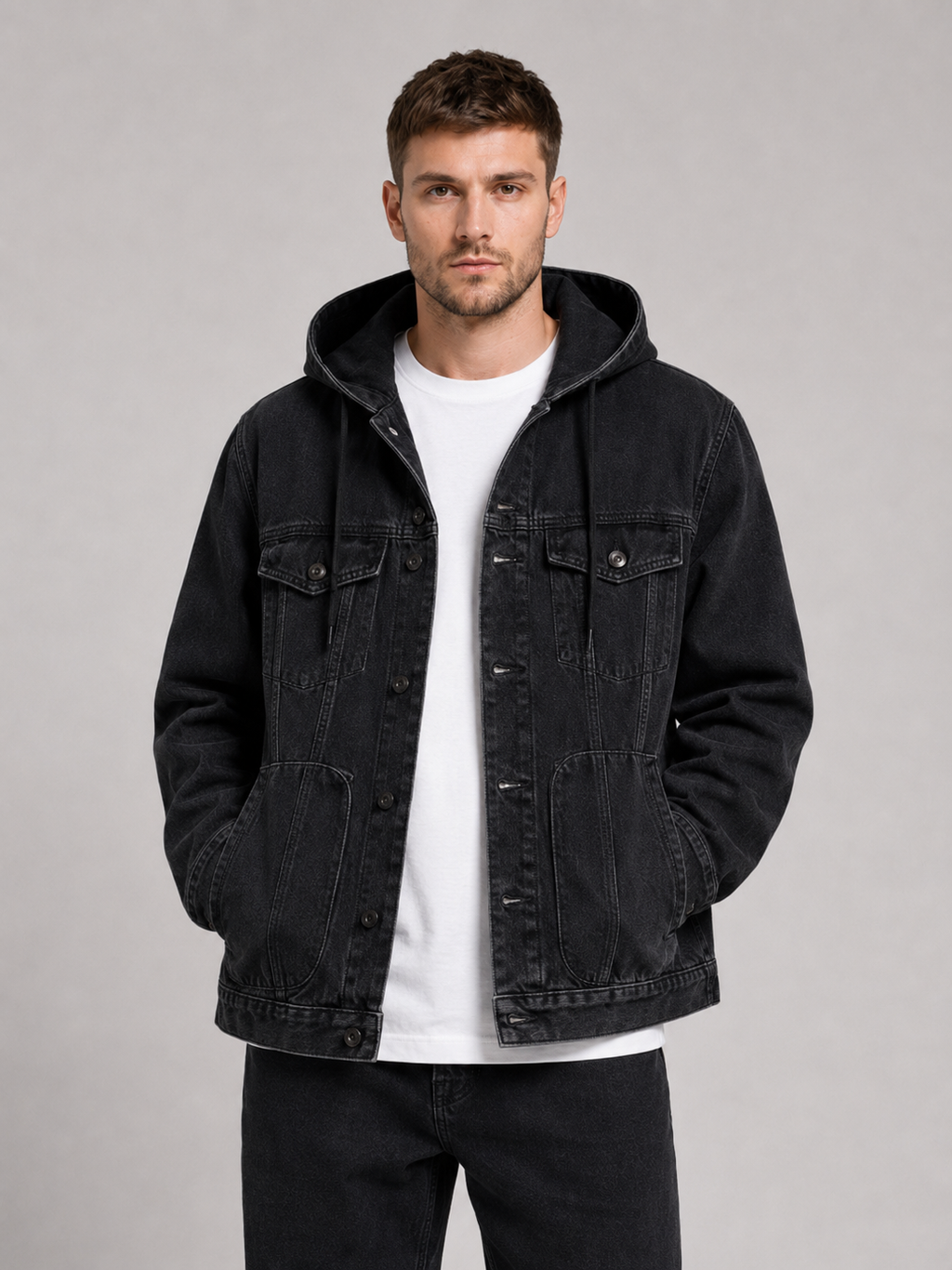 Men wearing black hooded denim jacket windproof large pocket fall streetwear style