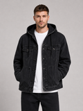 Men wearing black hooded denim jacket windproof large pocket fall streetwear style