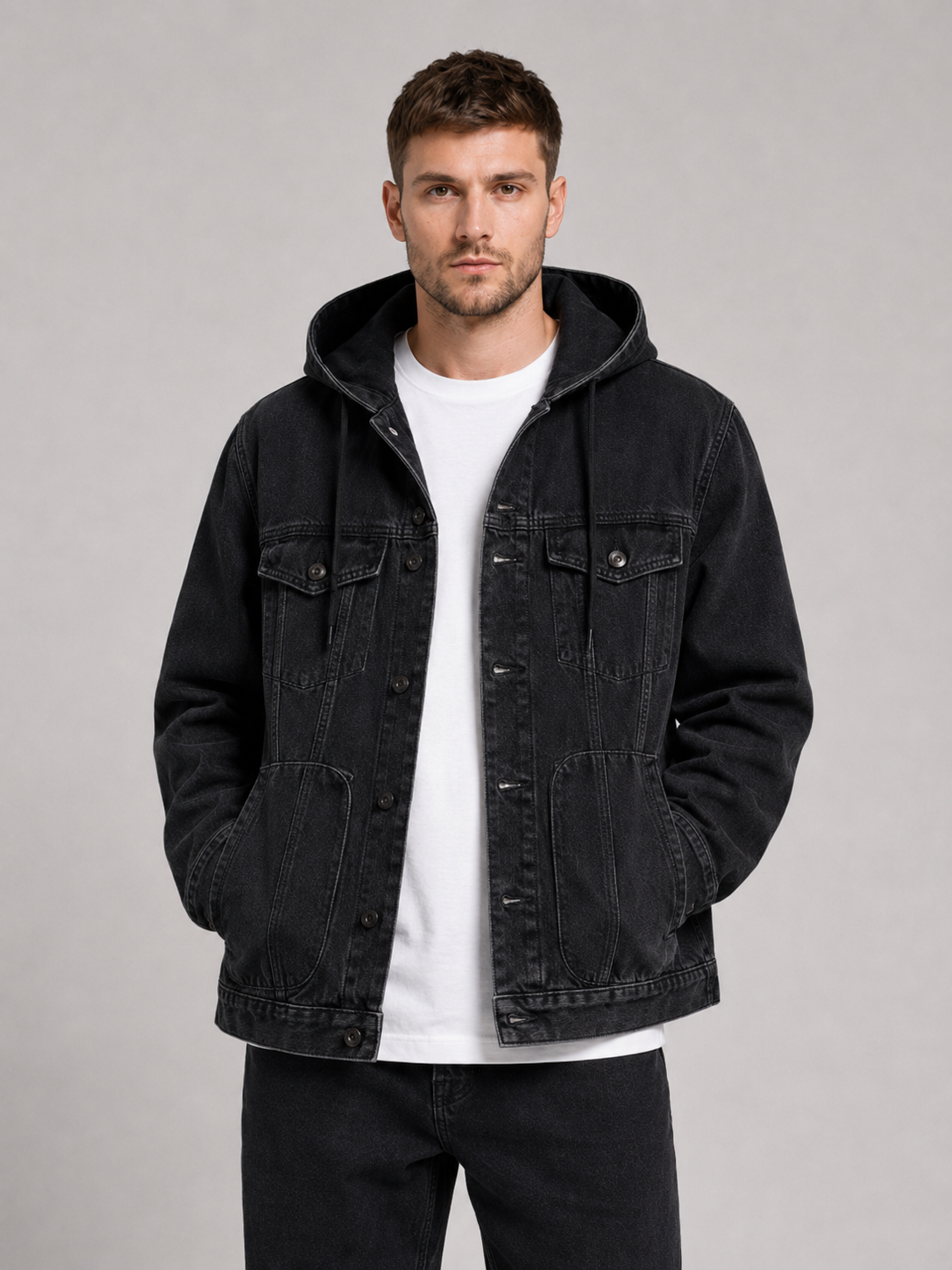 Men wearing black hooded denim jacket windproof large pocket fall streetwear style