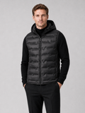 Men wearing black hooded down vest ultralight windproof waterproof winter outdoor style