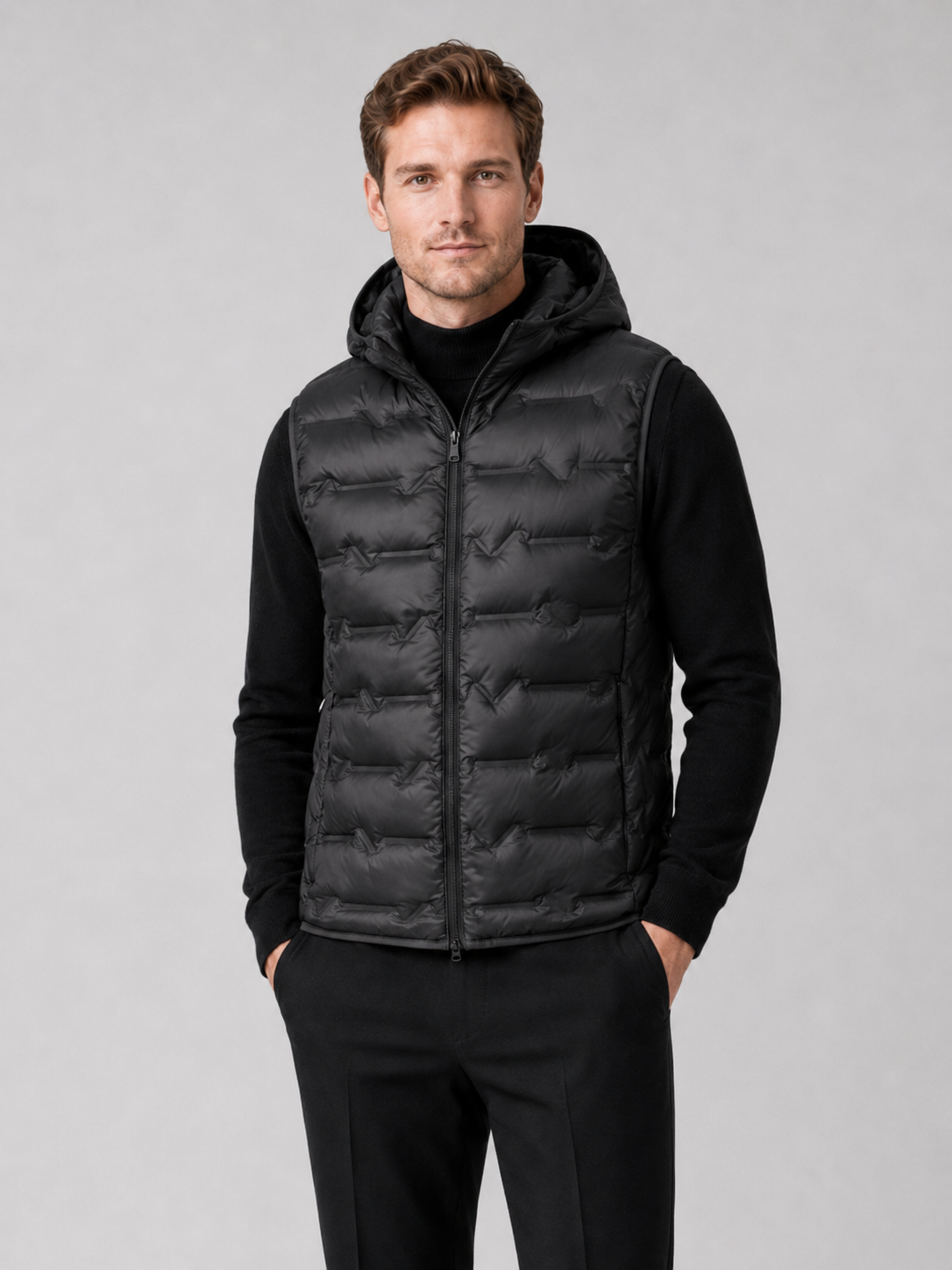 Men wearing black hooded down vest ultralight windproof waterproof winter outdoor style