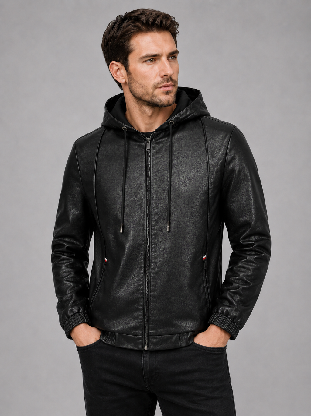 Front view of a man wearing a black hooded leather jacket with a zip-up front, warm lining, and casual fall winter design